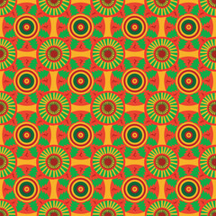 Fototapeta na wymiar Abstract graphics seamless of circle of green eyeball have green leaf surrounded overlapping with red square .Vector design creative for fabric, wrapping, textile, wallpaper, apparel for Christmas Eve