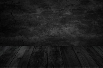 Empty wooden table top on black dark concrete wall background, Design wood counter 