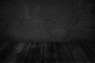 Empty wooden table top on black dark concrete wall background, Design wood counter 