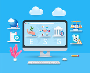 ESG concept. Computer with environmental, social, governance icons on screen. Web vector illustration in 3D style