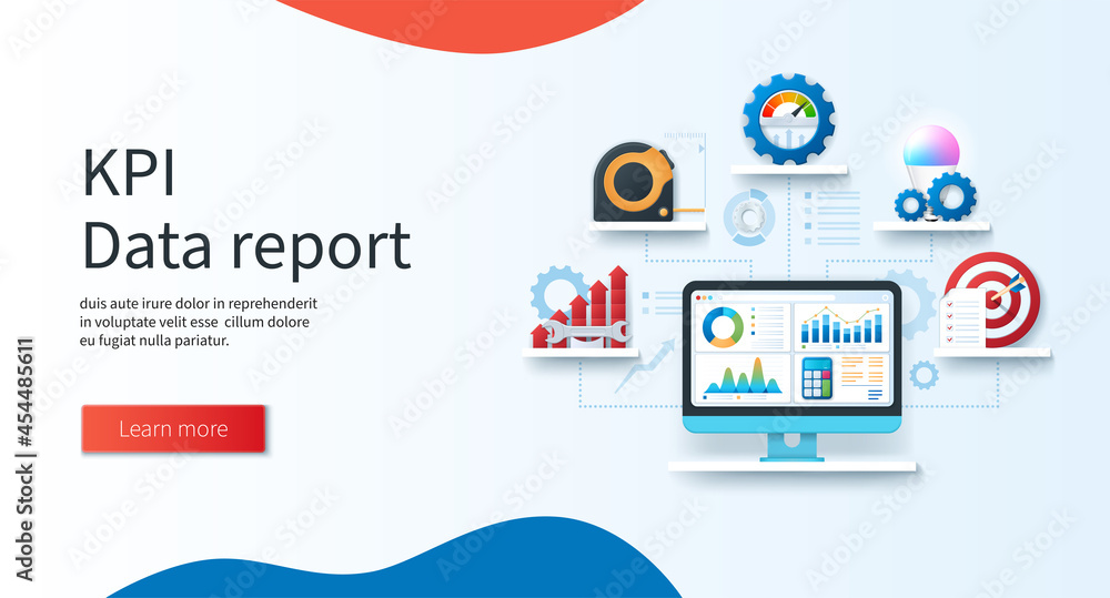 Poster key performance indicator data report banner. computer with graphs and charts on screen. measure, de