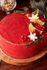 Red velvet cake decorated for Christmas.