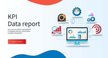Key Performance Indicator data report banner. Computer with graphs and charts on screen. Measure, development, efficiency, implementation, objective icons. Business concept. Web vector landing page te - obrazy, fototapety, plakaty
