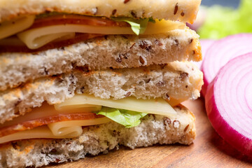 Tasty sandwiches on table, closeup