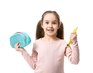 Little girl with pencils and case on white background