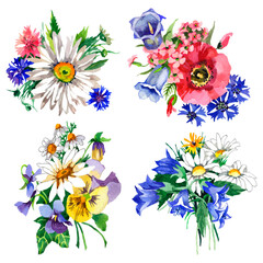 Fototapeta na wymiar Flowers bouquets watercolor isolated on white background set for all prints.