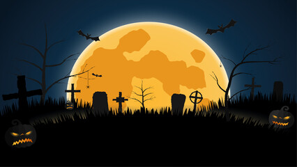 Night background for halloween with evil pumpkins, graveyard, bats, spiders on background of a large glowing moon. Template for banners, invitations, discounts, promotions for autumn holidays. Vector