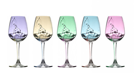 Combine wine glasses with ice of several flavors isolated on white background.