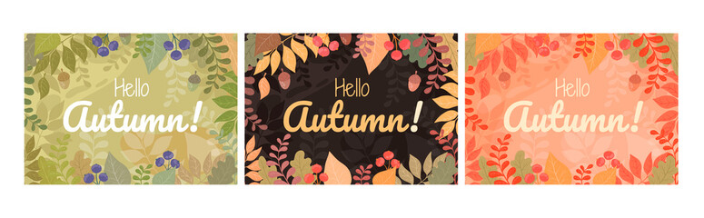 A set of vector autumn postcards with tree leaves, berries and branches. Thematic, seasonal image of autumn in different colors for printing on leaflets, postcards, invitations, banners