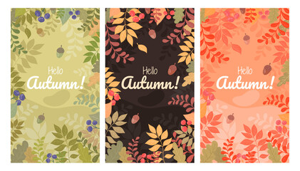 A set of vector autumn postcards with tree leaves, berries and branches. Thematic, seasonal image of autumn in different colors for printing on leaflets, postcards, invitations, banners