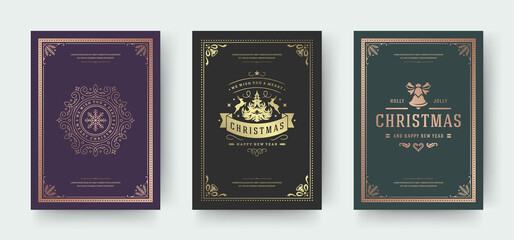 Naklejka premium Christmas greeting cards vintage typographic design ornate decorations symbols with fir tree, winter holidays wishes.