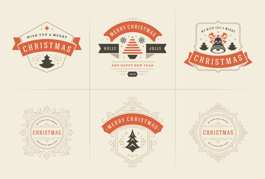 Merry Christmas vector ornate labels and badges set happy new year and holidays wishes