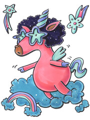 illustration character cartoon style party disco unicorn in wig and glasses on cloud on white background with stars elements