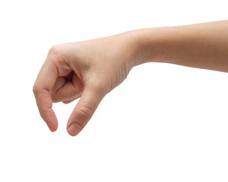 Woman hand picking something  isolated on white background.