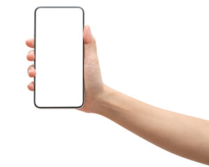 Woman hand holding phone isolated on white background.