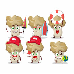 Obraz premium Happy Face hedgehog mushroom cartoon character playing on a beach