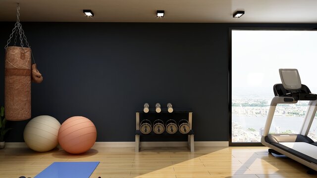 blank wall in modern gym interior with wooden floor
