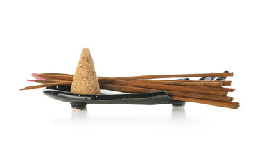 Incense sticks and cone on white background