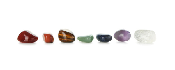 Set of chakra stones on white background