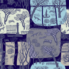 Winter urban landscape with park trees of city street seamless pattern. For baby clothes, bedding design, kids winter outerwear, textile, fabric, wallpaper, packaging.
