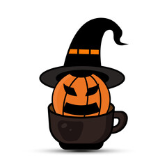Illustration cartoon character halloween pumpkin in a coffee cup. illustration flat style. design template vector