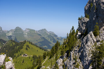 Mountain lodge Soldatenhaus at Gastlosen region, Swiss alps.