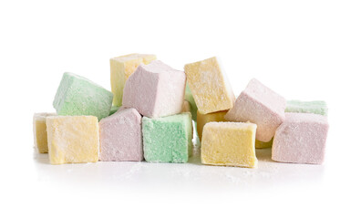 Tasty sweet marshmallows on white background