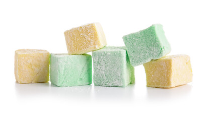 Tasty sweet marshmallows on white background