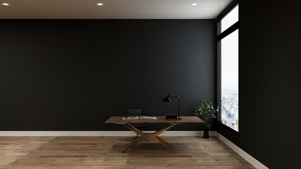 Black blank wall in modern gym interior with wooden floor