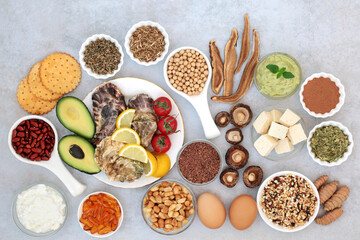 Healthy food and herbal medicine to ease mania, bipolar disorder and  depression. High in omega 3, protein, vitamins, selenium, magnesium, serotonin and tryptophan. Natural healing health food concept