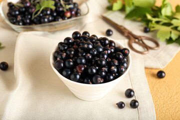 Bowl with ripe black currant on color background