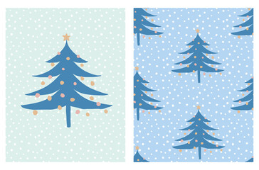 Abstract Hand Drawn Seamless Vector Pattern and Illustration with Blue Christams Trees on a Blue Dotted Background. Winter Holidays Repeatable Vector Design ideal for Card, Decoration.