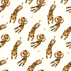 Naklejka premium Vector hand-drawn seamless repeating color childish pattern with cute tigers in Scandinavian style. Print with wild animals. Jungle. Kids backgrounds