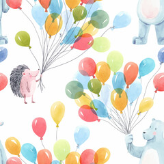 Beautiful autotraced vector baby birthday seamless pattern with hand drawn watercolor cute hedgehog bear animals and air baloons. Stock illustration. © zenina