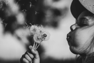 Girl in black and white photo blowing on a dandelion close-up