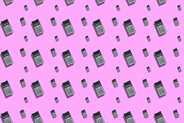 Geometric composition with repeating scientific calculators on Pink pastel background. Science, business, calculations.
