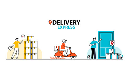 Online delivery service concept, online order tracking, delivery home and office. Warehouse, truck, drone, scooter and bicycle courier, delivery man in respiratory mask. Vector illustration