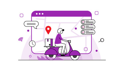 Online delivery service concept, online order tracking, delivery home and office. Warehouse, truck, drone, scooter and bicycle courier, delivery man in respiratory mask. Vector illustration