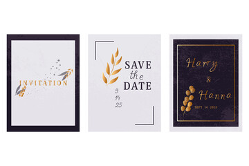 Invitation card background with golden line art flower and botanical leaves, watercolor. Save the date. Invite design for wedding  