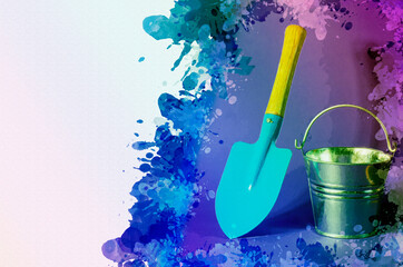Blue garden shovel and bucket on colored background. Garden tool. New galvanized empty bucket. Digital watercolor painting.