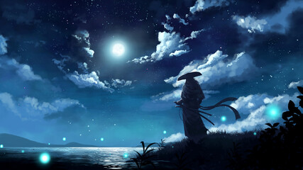 samurai with swords and kasa stands against the background of the night starry sky with clouds. The moon is reflected in the river, fireflies shine, mountains in the distance 