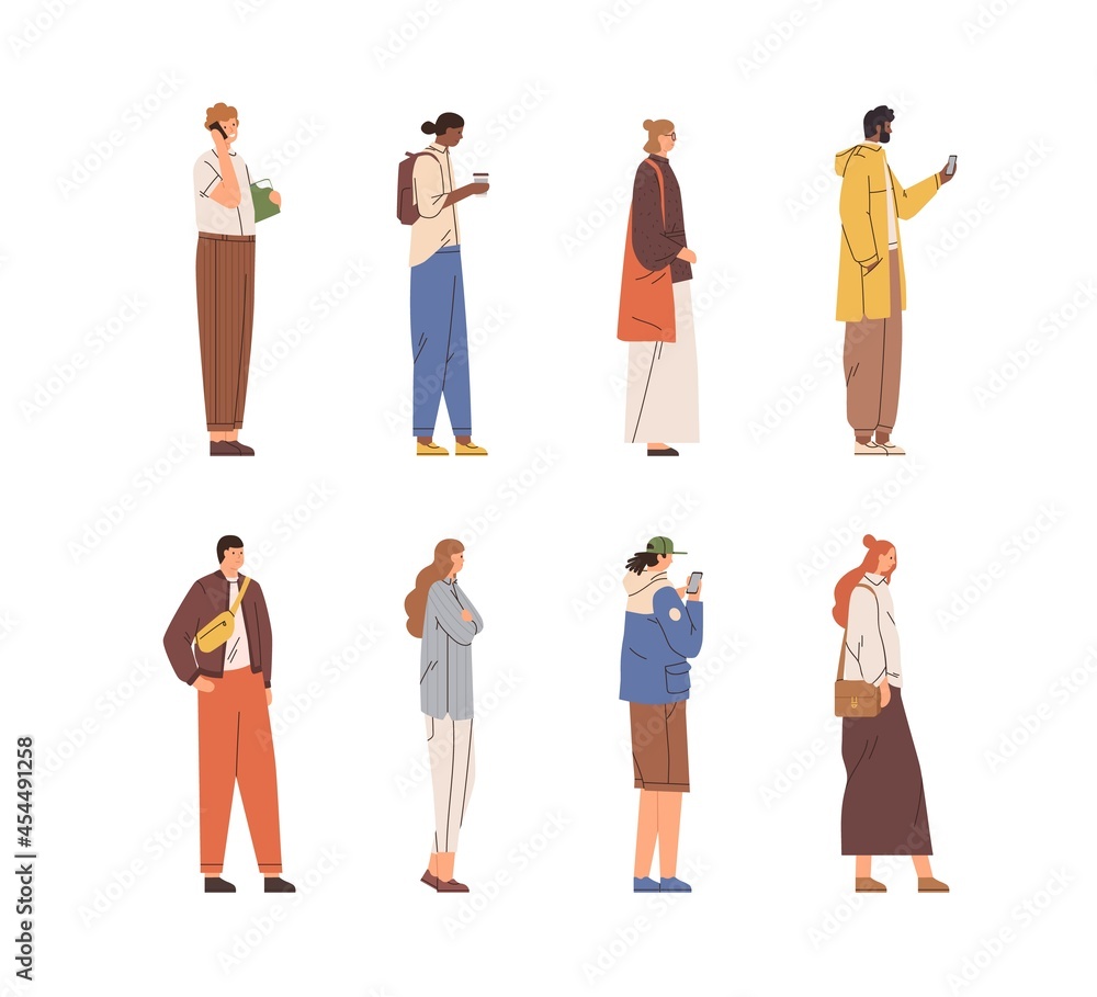 Poster set of people standing and walking with mobile phones and coffee cups in hands. side view of man and