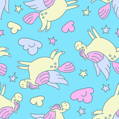 Cute flying horses in night sky. Pegas seamless vector pattern