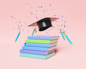 books and graduation hat with confetti