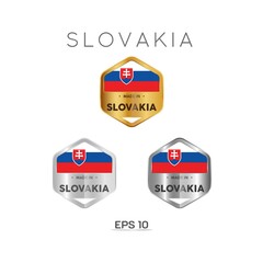 Made in Slovakia Label, Stamp, Badge, or Logo. With The National Flag of Slovakia. On platinum, gold, and silver colors. Premium and Luxury Emblem