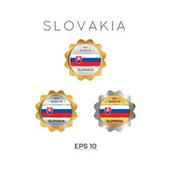 Made in Slovakia Label, Stamp, Badge, or Logo. With The National Flag of Slovakia. On platinum, gold, and silver colors. Premium and Luxury Emblem