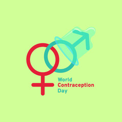 Male and female symbols, with a condom on them. Concept: world contraception day, protection and prevention of sexually transmitted diseases. Vector flat cartoon isolated on background, eps 10.