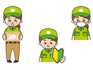 配達員の女性　求人募集　初心者マーク　マスク着用