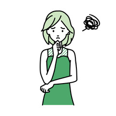 立って手をあごにあてて困っているドレスの女性