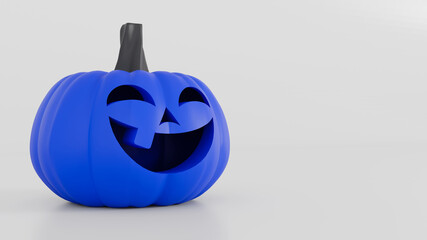 Blue Halloween pumpkin with cute smile on its face. Awareness of autism concept. Carved pumpkin with copy space on white background. 3D rendering illustration. 